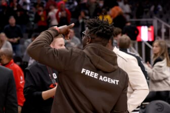 Mar 11, 2022; Atlanta, Georgia, USA; Former Tampa Bay Buccaneers wide receiver Antonio Brown reacts to fans after the game between the Atlanta Hawks and the LA Clippers at State Farm Arena. Mandatory Credit: Jason Getz-USA TODAY Sports