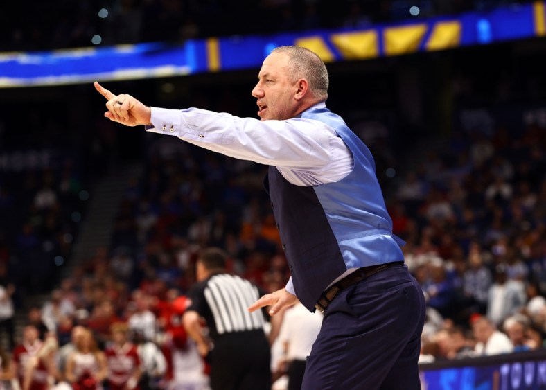 Mar 12, 2022; Tampa, FL, USA; Texas A&M Aggies head coach Buzz Williams against the Arkansas Razorbacks during the first half at Amalie Arena. Mandatory Credit: Kim Klement-USA TODAY Sports