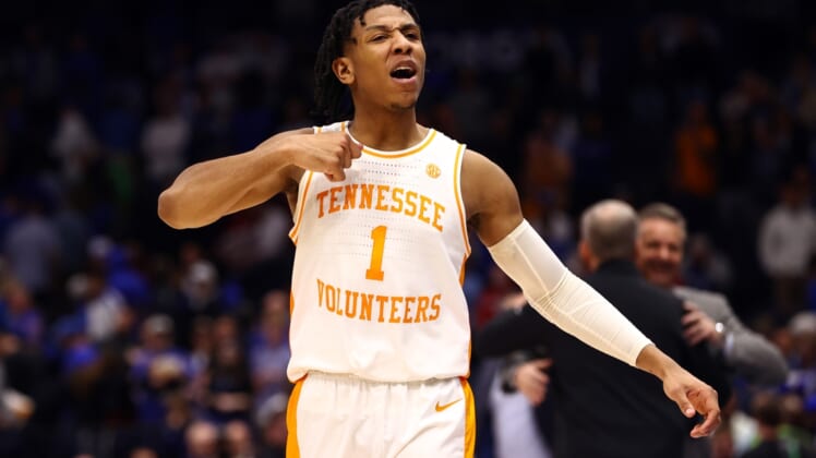 Mar 12, 2022; Tampa, FL, USA;  Tennessee Volunteers guard Kennedy Chandler (1) celebrates against the Kentucky Wildcats during the second half at Amalie Arena. Mandatory Credit: Kim Klement-USA TODAY Sports