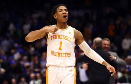 Mar 12, 2022; Tampa, FL, USA;  Tennessee Volunteers guard Kennedy Chandler (1) celebrates against the Kentucky Wildcats during the second half at Amalie Arena. Mandatory Credit: Kim Klement-USA TODAY Sports
