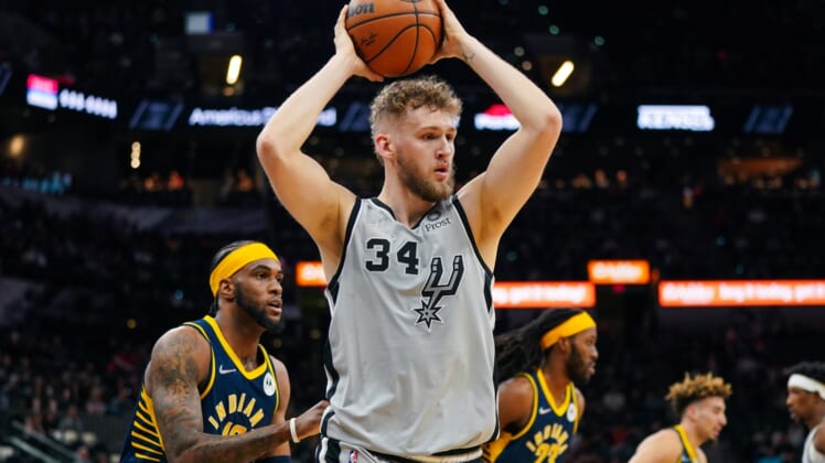 Mar 12, 2022; San Antonio, Texas, USA;  San Antonio Spurs center Jock Landale (34) gets a rebound in the first half against the Indiana Pacers at the AT&T Center. Mandatory Credit: Daniel Dunn-USA TODAY Sports