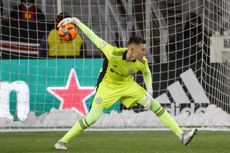 Mar 12, 2022; Washington, District of Columbia, USA; Chicago Fire goalkeeper Gabriel Slonina (1) tosses the ball to a teammate against D.C. United during the second half at Audi Field. Mandatory Credit: Geoff Burke-USA TODAY Sports