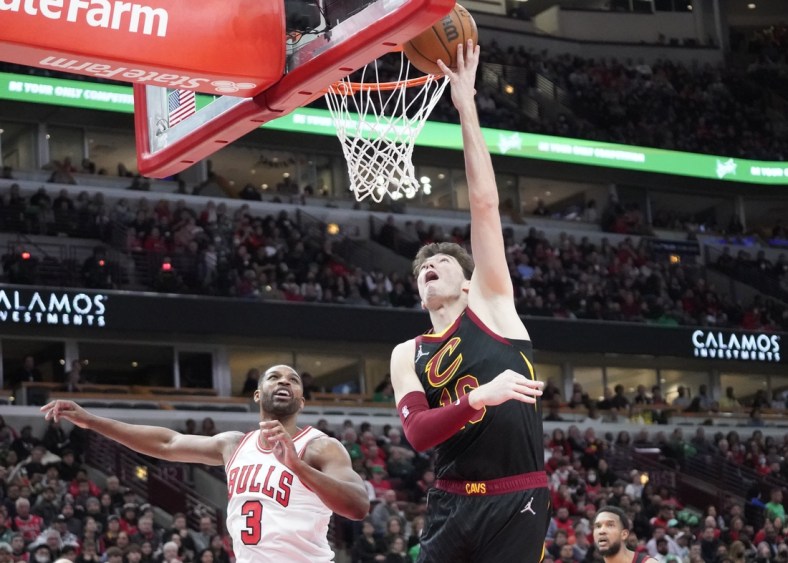 Mar 12, 2022; Chicago, Illinois, USA; Chicago Bulls center Tristan Thompson (3) defends Cleveland Cavaliers forward Cedi Osman (16) during the second half at United Center. Mandatory Credit: David Banks-USA TODAY Sports