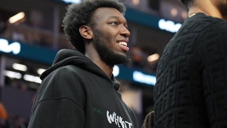 Mar 12, 2022; San Francisco, California, USA; Golden State Warriors center James Wiseman (33) stands in front of the bench during the second quarter against the Milwaukee Bucks at Chase Center. Mandatory Credit: Darren Yamashita-USA TODAY Sports