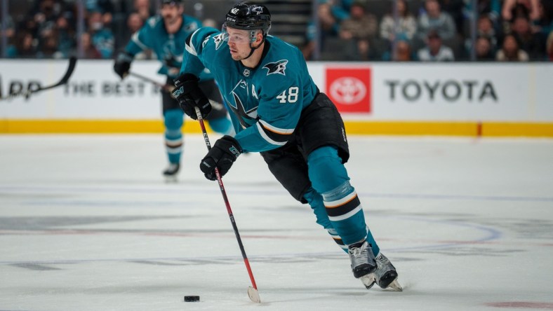 Mar 12, 2022; San Jose, California, USA;  San Jose Sharks center Tomas Hertl (48) skates with the puck during the third period against the Los Angeles Kings at SAP Center at San Jose. Mandatory Credit: Neville E. Guard-USA TODAY Sports