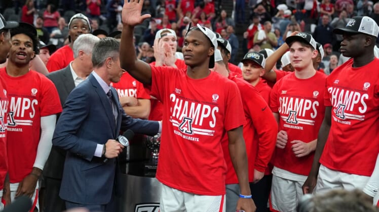 Mar 12, 2022; Las Vegas, NV, USA; Arizona Wildcats guard Bennedict Mathurin (0) is named Most Outstanding Player of the Pac-12 Tournament at T-Mobile Arena. Mandatory Credit: Stephen R. Sylvanie-USA TODAY Sports