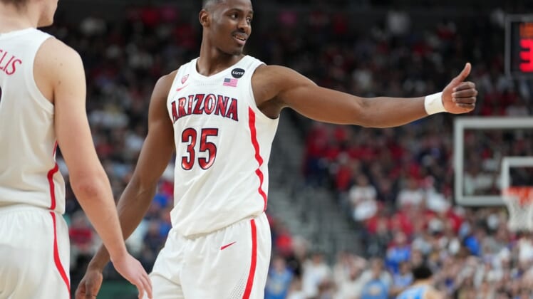 Mar 12, 2022; Las Vegas, NV, USA; Arizona Wildcats center Christian Koloko (35) reacts in a game against the UCLA Bruins during the second half at T-Mobile Arena. Mandatory Credit: Stephen R. Sylvanie-USA TODAY Sports