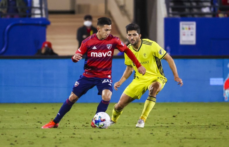 Mar 12, 2022; Frisco, Texas, USA;  FC Dallas forward Alan Velasco (20) controls the ball in front of Nashville SC defender Eric Miller (15) during the second half at Toyota Stadium. Mandatory Credit: Kevin Jairaj-USA TODAY Sports