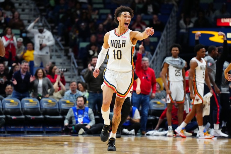 Mar 13, 2022; New Orleans, Louisiana, USA; New Orleans Pelicans center Jaxson Hayes (10) reacts to dunking the ball against against the Houston Rockets during the second quarter at Smoothie King Center. Mandatory Credit: Andrew Wevers-USA TODAY Sports