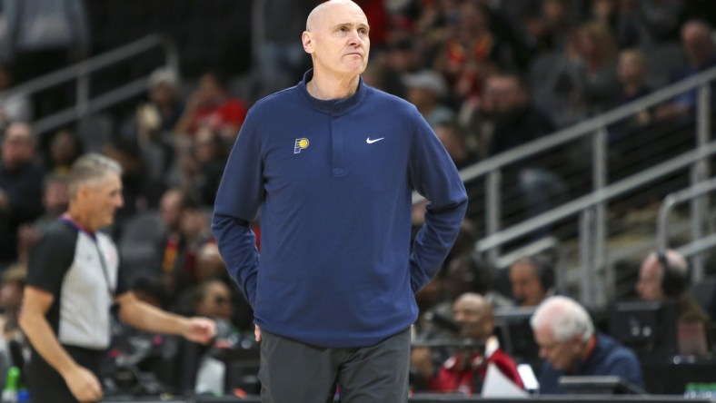 Mar 13, 2022; Atlanta, Georgia, USA; Indiana Pacers head coach Rick Carlisle on the sideline against the Atlanta Hawks in the first quarter at State Farm Arena. Mandatory Credit: Brett Davis-USA TODAY Sports