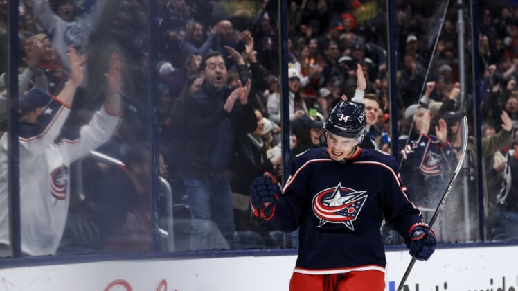 Mar 13, 2022; Columbus, Ohio, USA;  Columbus Blue Jackets center Cole Sillinger (34) celebrates scoring a goal against the Vegas Golden Knights in the second period at Nationwide Arena. Mandatory Credit: Aaron Doster-USA TODAY Sports