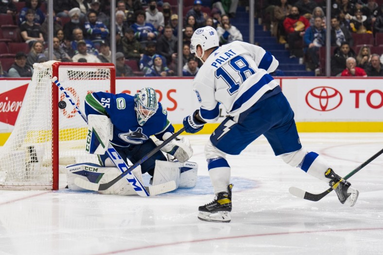 Mar 13, 2022; Vancouver, British Columbia, CAN; Vancouver Canucks goalie Thatcher Demko (35) makes a save on Tampa Bay Lightning forward Ondrej Palat (18) in the second period at Rogers Arena. Mandatory Credit: Bob Frid-USA TODAY Sports