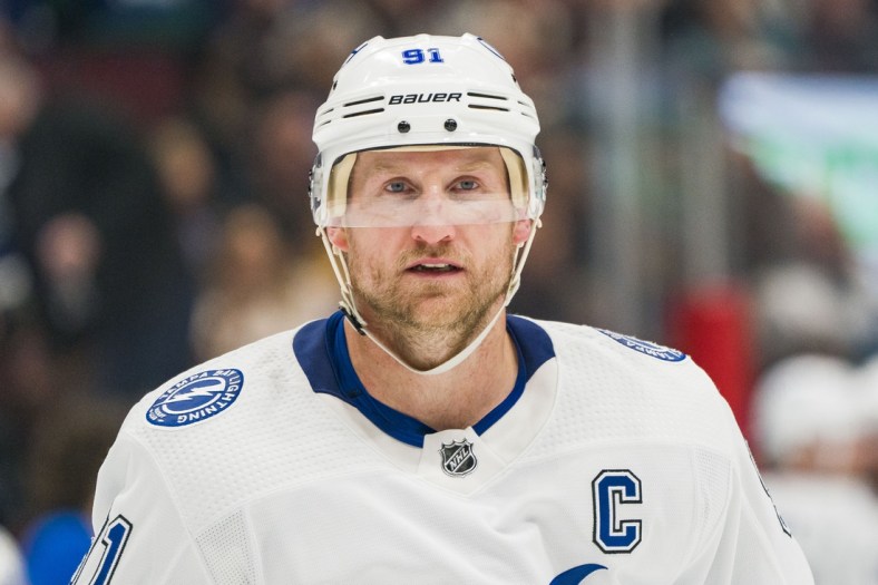 Mar 13, 2022; Vancouver, British Columbia, CAN; Tampa Bay Lightning forward Steven Stamkos (91) during a stop in play against the Vancouver Canucks in the third period at Rogers Arena. Tampa Bay won 2-1. Mandatory Credit: Bob Frid-USA TODAY Sports