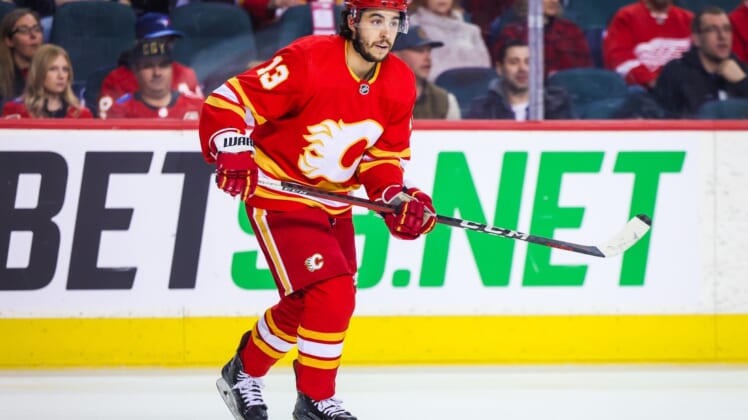 Mar 12, 2022; Calgary, Alberta, CAN; Calgary Flames left wing Johnny Gaudreau (13) skates against the Detroit Red Wings during the first period at Scotiabank Saddledome. Mandatory Credit: Sergei Belski-USA TODAY Sports