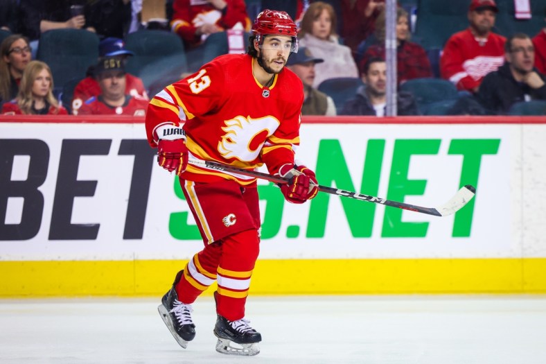 Mar 12, 2022; Calgary, Alberta, CAN; Calgary Flames left wing Johnny Gaudreau (13) skates against the Detroit Red Wings during the first period at Scotiabank Saddledome. Mandatory Credit: Sergei Belski-USA TODAY Sports