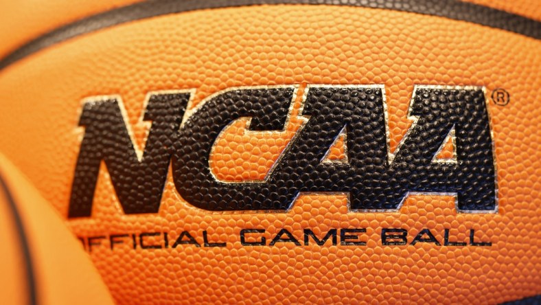 Mar 14, 2022; Dayton, OH, USA; General view of the NCAA logo on a basket ball during practice the day before the start of the First Four of the 2022 NCAA Tournament at UD Arena. Mandatory Credit: Rick Osentoski-USA TODAY Sports