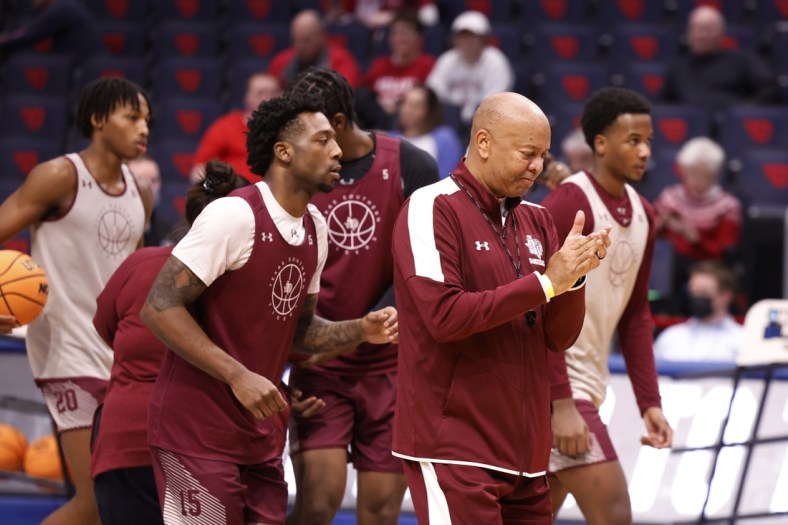 Mar 14, 2022; Dayton, OH, USA; Texas Southern Tigers head coach Johnny Jones on the court with the team during practice the day before the start of the First Four of the 2022 NCAA Tournament at UD Arena. Mandatory Credit: Rick Osentoski-USA TODAY Sports
