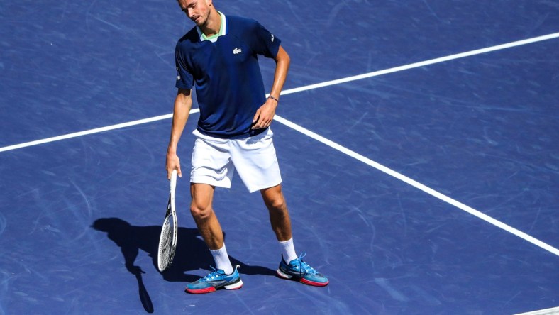 Daniil Medvedev of Russia reacts to an advantage gained by Gael Monfils of France leading to the match point during round three of the BNP Paribas Open at the Indian Wells Tennis Garden in Indian Wells, Calif., Monday, March 14, 2022.