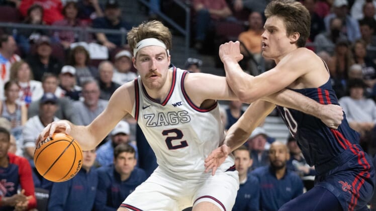 March 8, 2022; Las Vegas, NV, USA; Gonzaga Bulldogs forward Drew Timme (2) against the Saint Mary's Gaels during the first half in the finals of the WCC Basketball Championships at Orleans Arena. Mandatory Credit: Kyle Terada-USA TODAY Sports