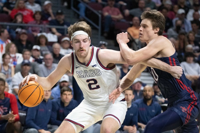 March 8, 2022; Las Vegas, NV, USA; Gonzaga Bulldogs forward Drew Timme (2) against the Saint Mary's Gaels during the first half in the finals of the WCC Basketball Championships at Orleans Arena. Mandatory Credit: Kyle Terada-USA TODAY Sports