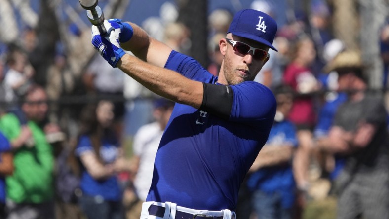 Mar 15, 2022; Glendale, AZ, USA; Los Angeles Dodgers infielder Matt Beaty (45) gets ready for batting practice during spring training camp at Camelback Ranch. Mandatory Credit: Rick Scuteri-USA TODAY Sports