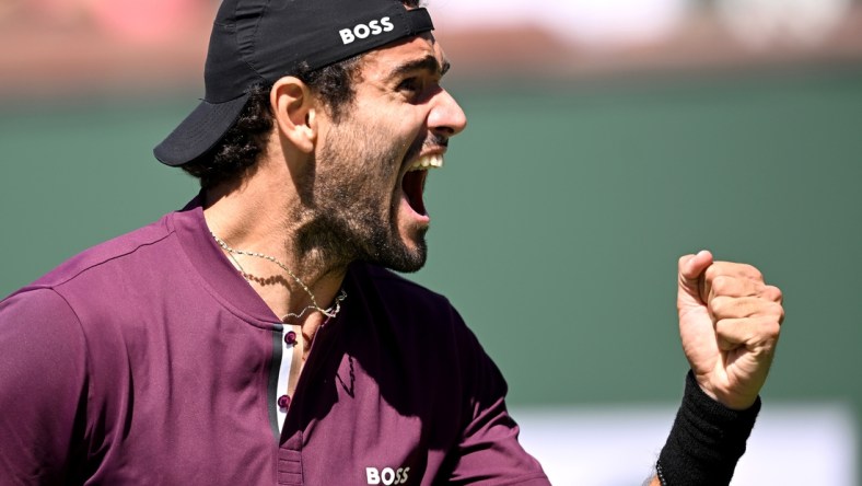 Mar 15, 2022; Indian Wells, CA, USA; Matteo Berrettini (ITA) celebrates as he defeated Lloyd Harris (RSA) in his third round match at the BNP Paribas Open at the Indian Wells Tennis Garden. Mandatory Credit: Jayne Kamin-Oncea-USA TODAY Sports