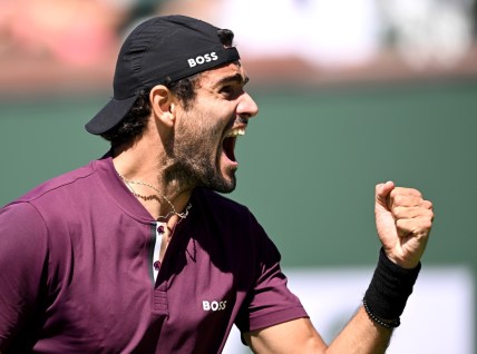 Mar 15, 2022; Indian Wells, CA, USA; Matteo Berrettini (ITA) celebrates as he defeated Lloyd Harris (RSA) in his third round match at the BNP Paribas Open at the Indian Wells Tennis Garden. Mandatory Credit: Jayne Kamin-Oncea-USA TODAY Sports