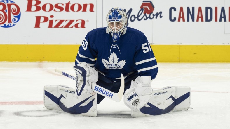 Mar 15, 2022; Toronto, Ontario, CAN; Toronto Maple Leafs goaltender Erik Kallgren (50) stretches during the warmup against the Dallas Stars at Scotiabank Arena. Mandatory Credit: Nick Turchiaro-USA TODAY Sports