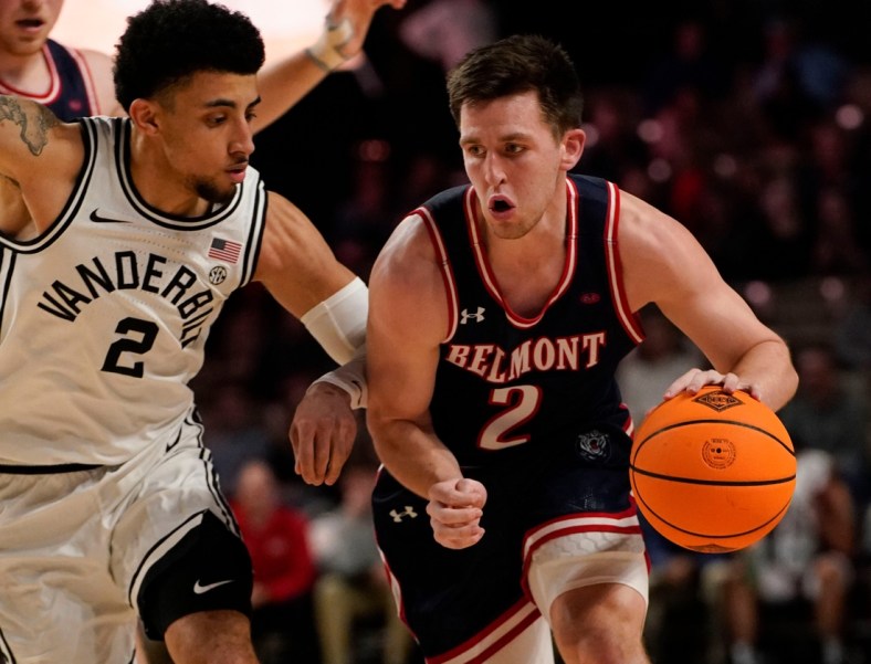 Belmont guard Grayson Murphy (2) drives past Vanderbilt guard Scotty Pippen Jr. (2) during the first half of a first round NIT basketball game at Memorial Gymnasium Tuesday, March 15, 2022 in Nashville, Tenn.

Nas Vandy Belmont Nit 013