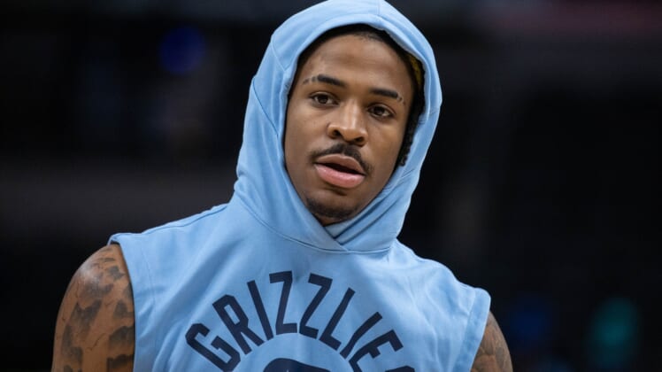 Mar 15, 2022; Indianapolis, Indiana, USA; Memphis Grizzlies guard Ja Morant (12) warms up before the game against the Indiana Pacers at Gainbridge Fieldhouse. Mandatory Credit: Trevor Ruszkowski-USA TODAY Sports