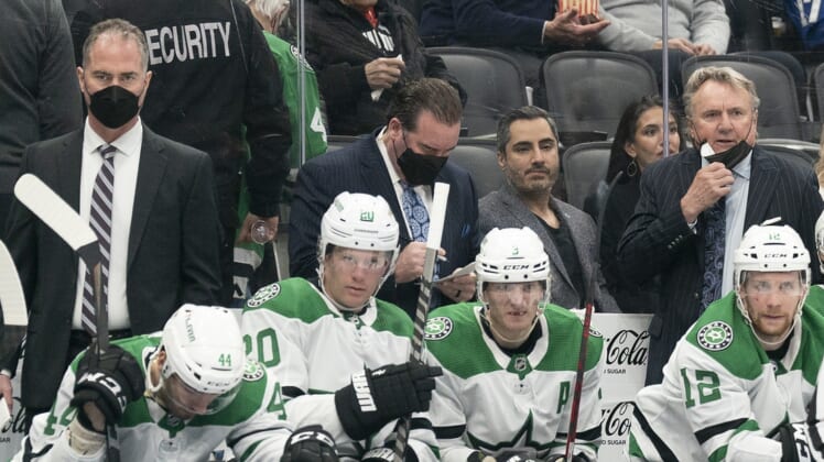 Mar 15, 2022; Toronto, Ontario, CAN; Dallas Stars head coach Rick Bowness watches the play during the third period against the Toronto Maple Leafs at Scotiabank Arena. Mandatory Credit: Nick Turchiaro-USA TODAY Sports