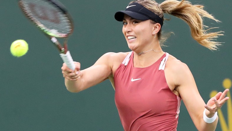 Paula Badosa of Spain hits a return to Leylah Fernandez of Canada during the BNP Paribas Open in Indian Wells, Calif., on Tuesday, March 15, 2022.

Bnp Paribas Open Badosa Vs Fernandez470