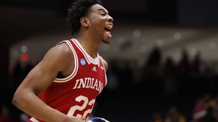 Mar 15, 2022; Dayton, OH, USA; Indiana Hoosiers forward Jordan Geronimo (22) celebrates defeating Wyoming Cowboys during the First Four of the 2022 NCAA Tournament at UD Arena. Mandatory Credit: Rick Osentoski-USA TODAY Sports