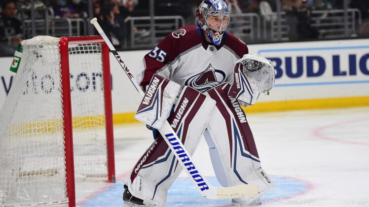 Mar 15, 2022; Los Angeles, California, USA; Colorado Avalanche goaltender Darcy Kuemper (35) defends the goal against the Los Angeles Kings during the second period at Crypto.com Arena. Mandatory Credit: Gary A. Vasquez-USA TODAY Sports