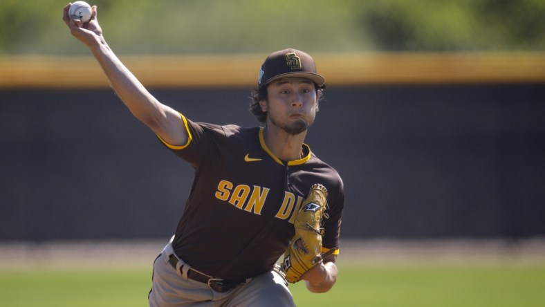 Mar 15, 2022; Peoria, AZ, USA; San Diego Padres pitcher Yu Darvish during spring training workouts at the San Diego Padres Spring Training Complex. Mandatory Credit: Mark J. Rebilas-USA TODAY Sports