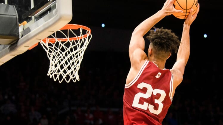 Indiana's Trayce Jackson-Davis (23) catches an alley-oop pass for a dunk during the second half of the Indiana versus Wyoming NCAA First Four tournament game at University of Dayton Arena on Tuesday, March 15, 2022.Iu Wu Bb Ff 2h Tjd 3