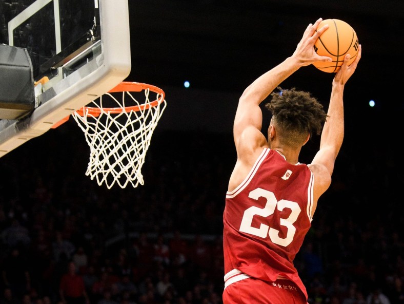 Indiana's Trayce Jackson-Davis (23) catches an alley-oop pass for a dunk during the second half of the Indiana versus Wyoming NCAA First Four tournament game at University of Dayton Arena on Tuesday, March 15, 2022.

Iu Wu Bb Ff 2h Tjd 3