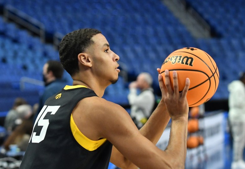 Mar 16, 2022; Buffalo, NY, USA; Iowa Hawkeyes forward Keegan Murray (15) shoots the ball during a practice session prior to the first round of the 2022 NCAA Tournament at KeyBank Center. Mandatory Credit: Mark Konezny-USA TODAY Sports