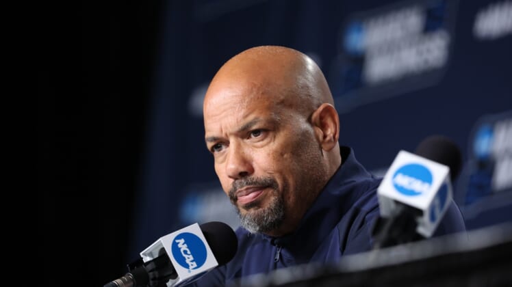 Mar 16, 2022; Portland, OR, USA; Georgia State Panthers head coach Rob Lanier answers questions from media during practice before the first round of the 2022 NCAA Tournament at Moda Center. Mandatory Credit: Jaime Valdez-USA TODAY Sports