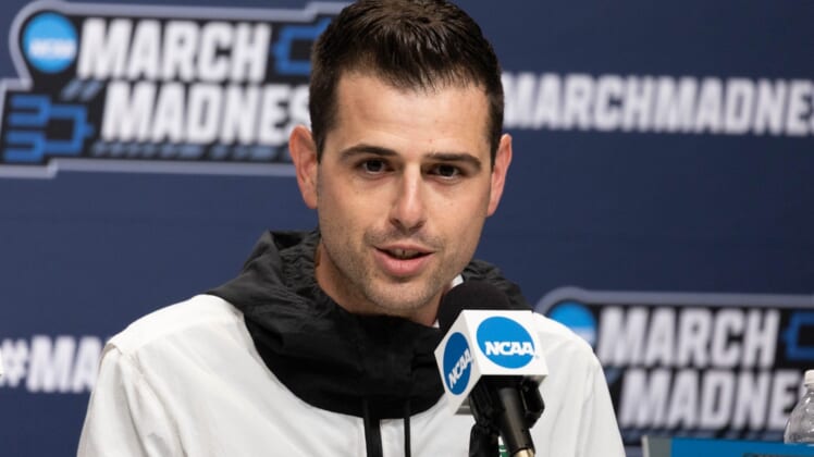 Mar 16, 2022; Indianapolis, IN, USA; San Francisco Dons head coach Todd Golden speaks to the media at Gainbridge Fieldhouse. Mandatory Credit: Trevor Ruszkowski-USA TODAY Sports