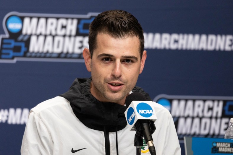 Mar 16, 2022; Indianapolis, IN, USA; San Francisco Dons head coach Todd Golden speaks to the media at Gainbridge Fieldhouse. Mandatory Credit: Trevor Ruszkowski-USA TODAY Sports