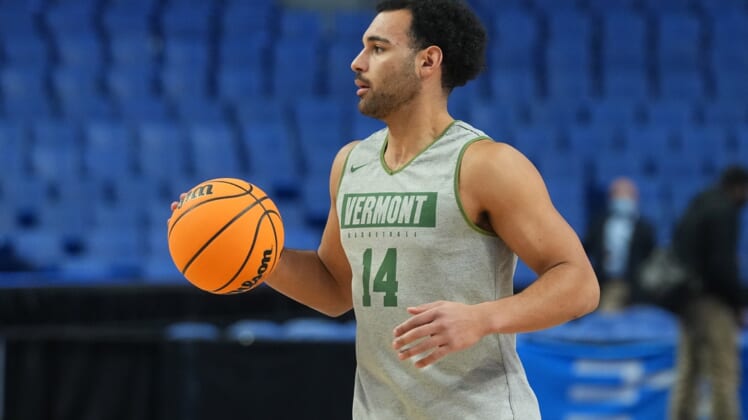 Mar 16, 2022; Buffalo, NY, USA; Vermont Catamounts forward Isaiah Powell (14) with the ball during practice before the first round of the 2022 NCAA Tournament at KeyBank Center. Mandatory Credit: Gregory Fisher-USA TODAY Sports