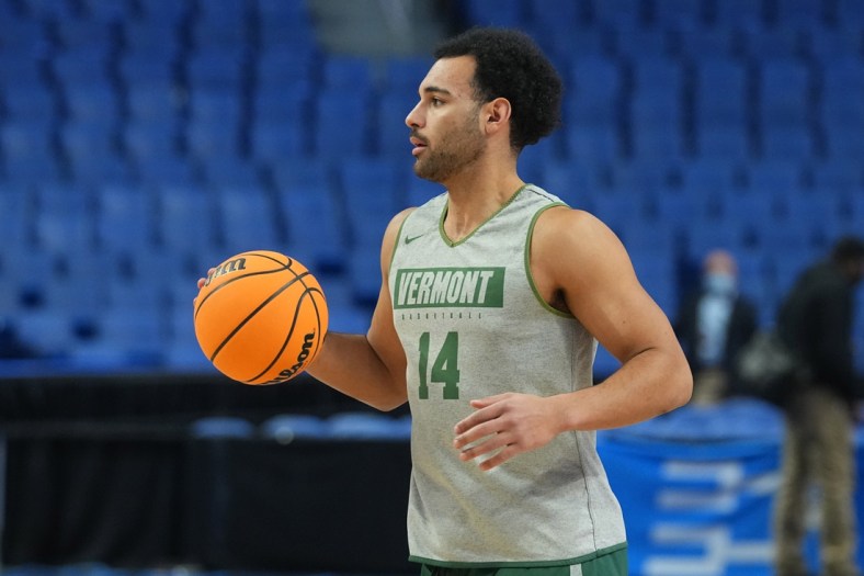 Mar 16, 2022; Buffalo, NY, USA; Vermont Catamounts forward Isaiah Powell (14) with the ball during practice before the first round of the 2022 NCAA Tournament at KeyBank Center. Mandatory Credit: Gregory Fisher-USA TODAY Sports