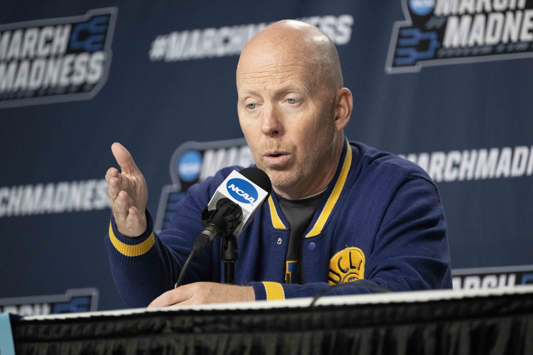 Mar 16, 2022; Portland, OR, USA; UCLA Bruins head coach Mick Cronin answers questions during a media conference at Moda Center. Mandatory Credit: Troy Wayrynen-USA TODAY Sports