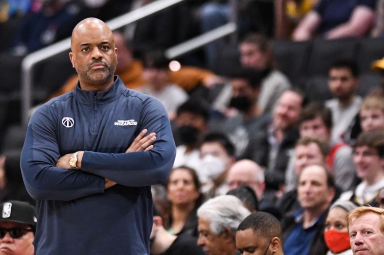 Mar 16, 2022; Washington, District of Columbia, USA;  Washington Wizards head coach Wes Unseld Jr. looks on during the first half against the Denver Nuggets at Capital One Arena. Mandatory Credit: Tommy Gilligan-USA TODAY Sports