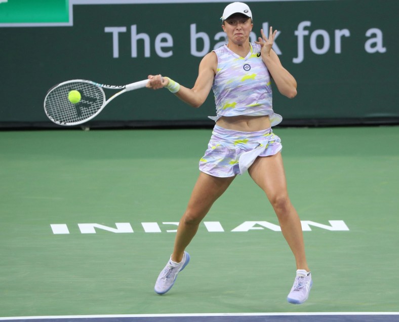 Iga Swiatek hits a forehand during a shot in her win over Madison Keys during the BNP Paribas Open in Indian Wells, Calif., March 16, 2022.

Bnp Paribas Open Wed 21