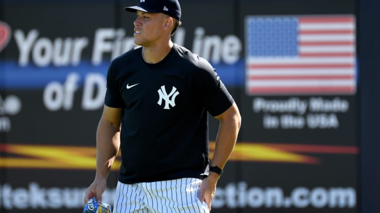 Mar 17, 2022; Tampa, FL, USA;  New York Yankees outfielder Aaron Judge (99) prepares to warm up during the spring training workout at George M. Steinbrenner Field. Mandatory Credit: Jonathan Dyer-USA TODAY Sports