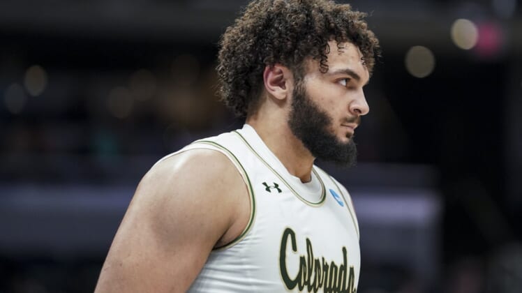 Mar 17, 2022; Indianapolis, IN, USA; Colorado State Rams guard David Roddy (21) walks to the bench in the game against the Michigan Wolverines in the second half during the first round of the 2022 NCAA Tournament at Gainbridge Fieldhouse. Mandatory Credit: Robert Goddin-USA TODAY Sports