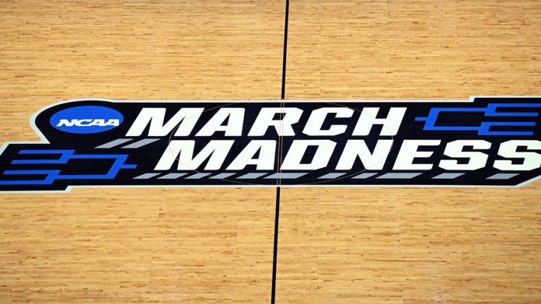 Mar 17, 2022; San Diego, CA, USA; A general view of the March Madness logo at midcourt during practices before the first round of the 2022 NCAA Tournament at Viejas Arena. Mandatory Credit: Orlando Ramirez-USA TODAY Sports