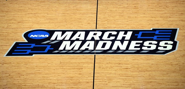 Mar 17, 2022; San Diego, CA, USA; A general view of the March Madness logo at midcourt during practices before the first round of the 2022 NCAA Tournament at Viejas Arena. Mandatory Credit: Orlando Ramirez-USA TODAY Sports